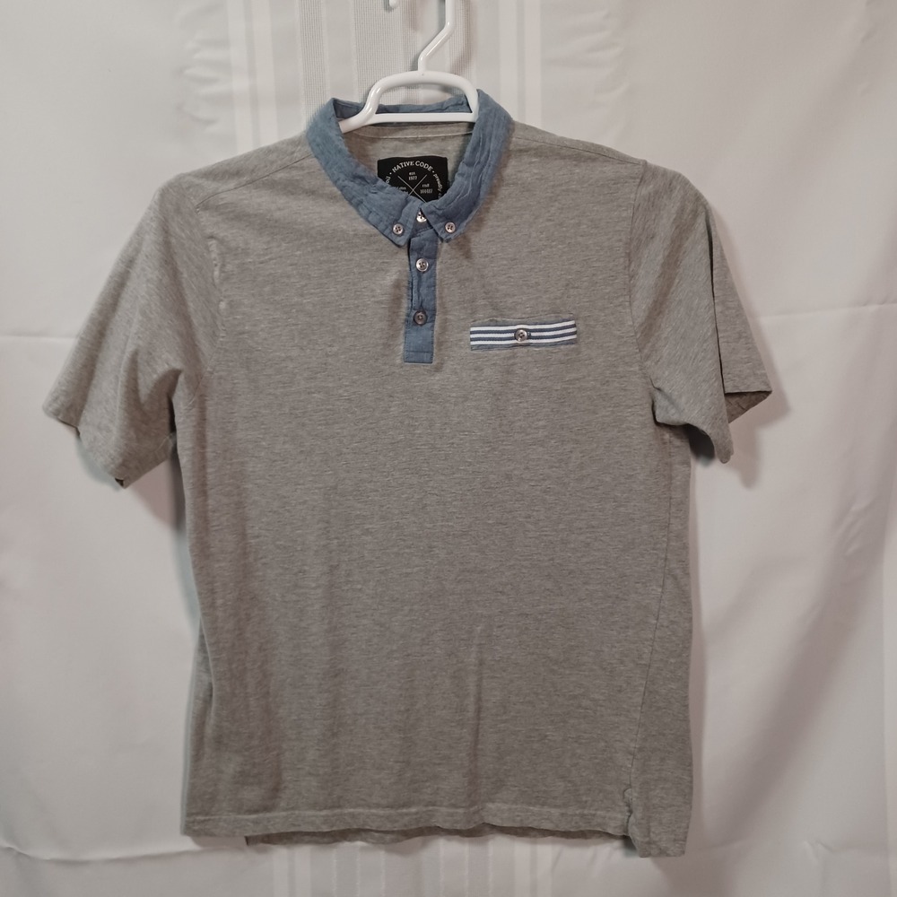Native Code Polo Shirt Mens Large Gray Chambray Collar Short Sleeve Casual Knit